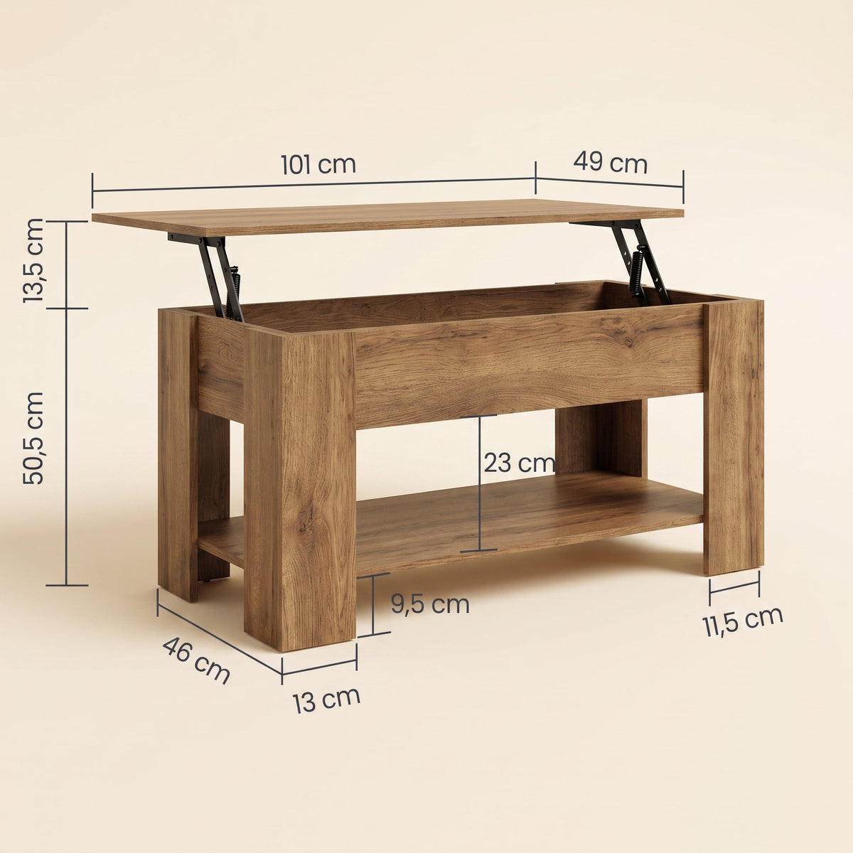 Dimensions de la table Aveline 101 × 49 cm : hauteur 50,5 cm, plateau relevable + 13,5 cm #Dimensions_101 × 49 × 52 cm #Couleur_Chêne artisanal