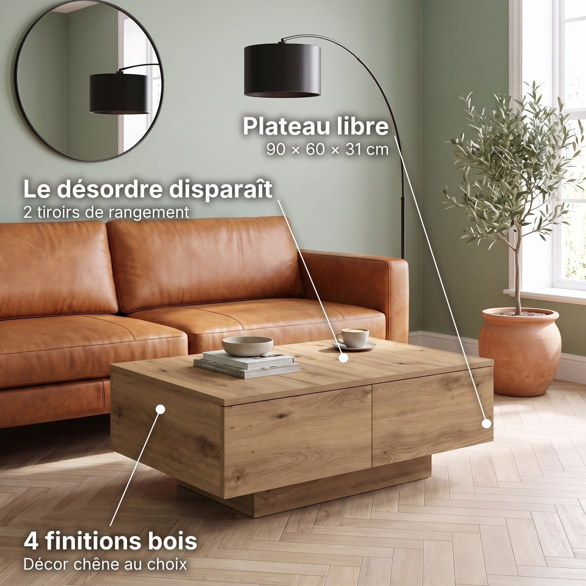 Table basse décor bois avec tiroirs Alcova chêne artisanal : le désordre disparaît (2 tiroirs de rangement), plateau libre (90 × 60 × 31 cm), 4 finitions bois (Décor chêne au choix) #Couleur_Chêne artisanal