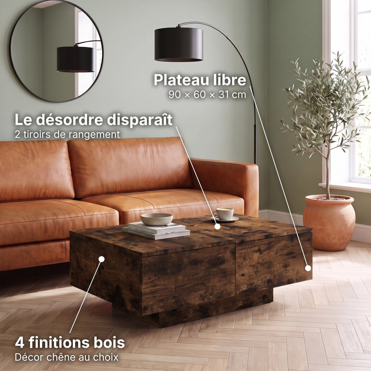 Table basse décor bois avec tiroirs Alcova chêne fumé : le désordre disparaît (2 tiroirs de rangement), plateau libre (90 × 60 × 31 cm), 4 finitions bois (Décor chêne au choix) #Couleur_Chêne fumé