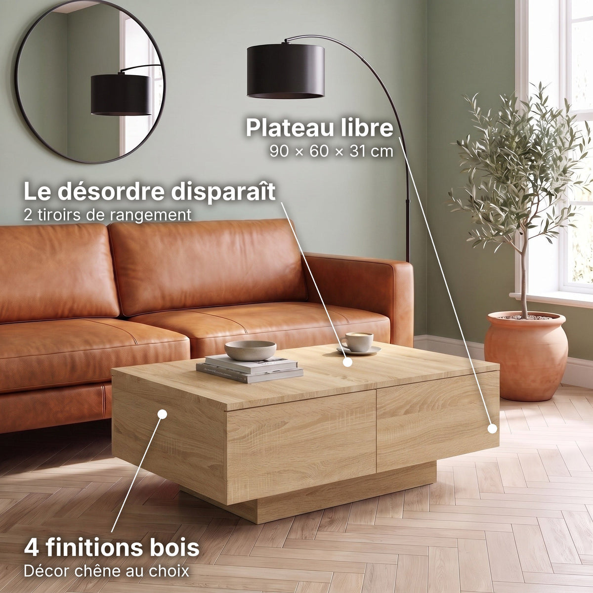 Table basse décor bois avec tiroirs Alcova chêne sonoma : le désordre disparaît (2 tiroirs de rangement), plateau libre (90 × 60 × 31 cm), 4 finitions bois (Décor chêne au choix) #Couleur_Chêne sonoma