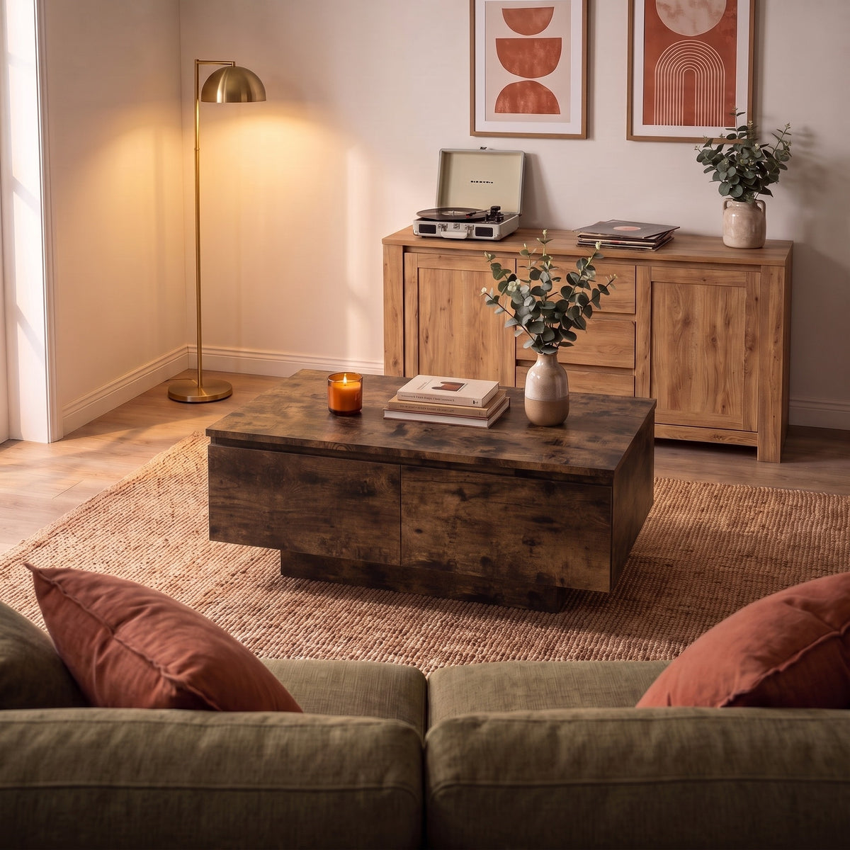 Table avec rangement Alcova, chêne fumé – ambiance du soir #Couleur_Chêne fumé