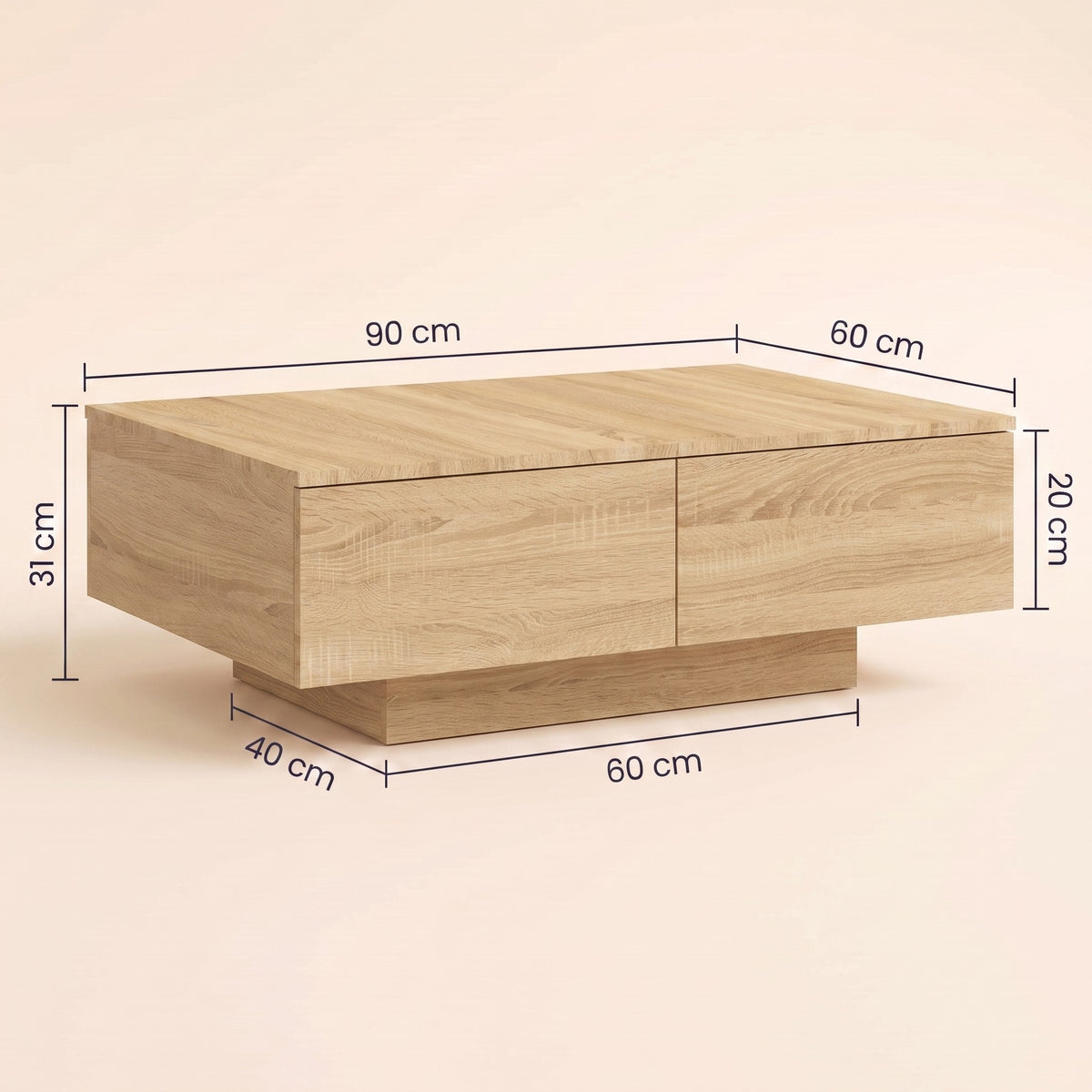 Table avec rangement Alcova, chêne sonoma – dimensions 90 × 60 × 31 cm #Couleur_Chêne sonoma