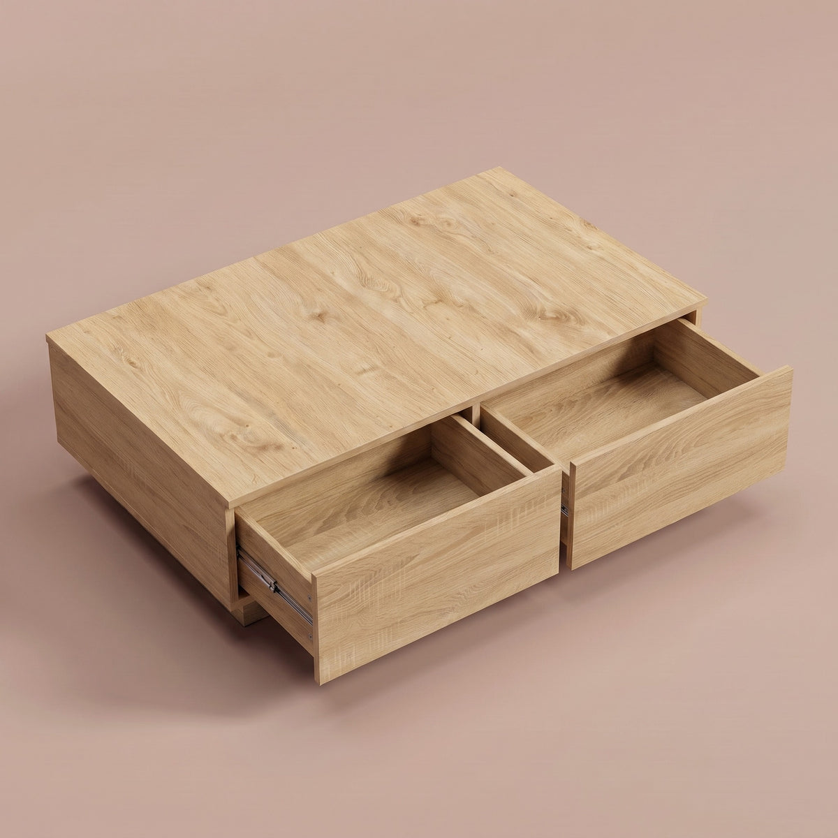 Table avec rangement Alcova, chêne sonoma – deux tiroirs ouverts #Couleur_Chêne sonoma