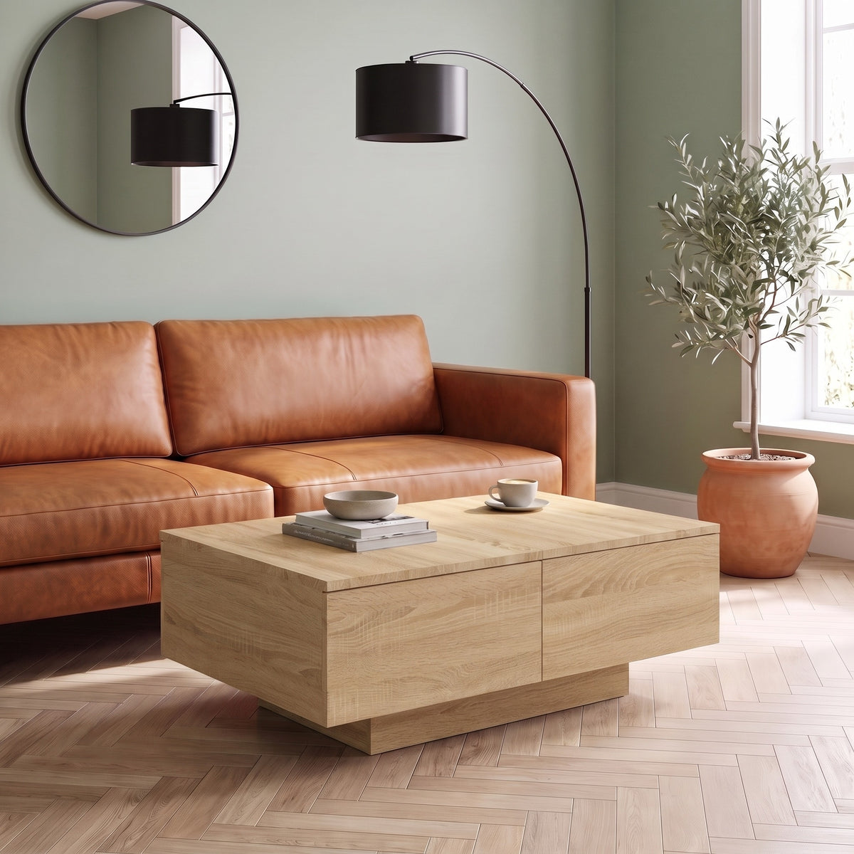 Table avec rangement Alcova, chêne sonoma – en situation dans un salon #Couleur_Chêne sonoma