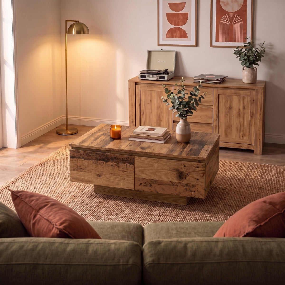 Table avec rangement Alcova, vieux bois – ambiance du soir #Couleur_Vieux bois