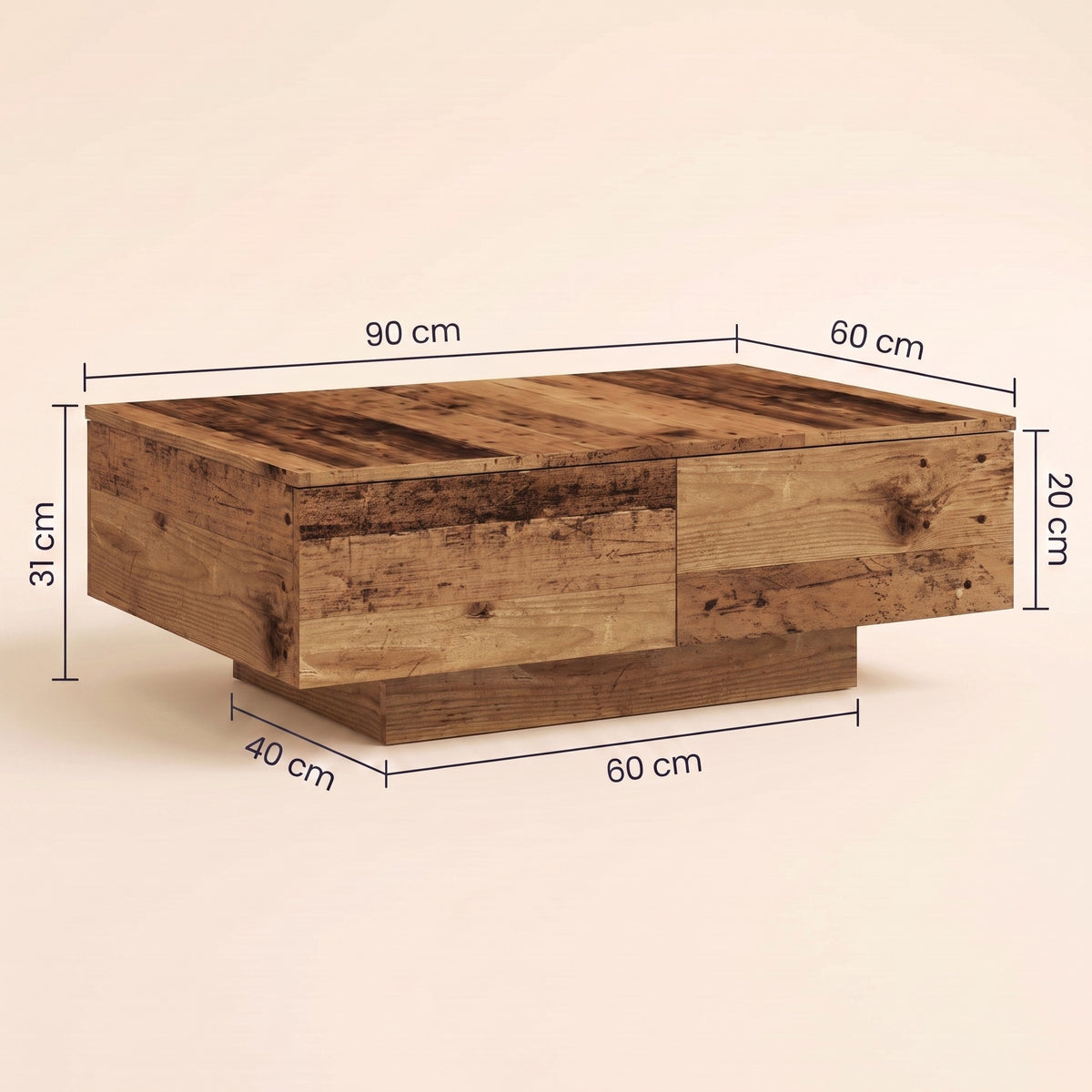 Table avec rangement Alcova, vieux bois – dimensions 90 × 60 × 31 cm #Couleur_Vieux bois