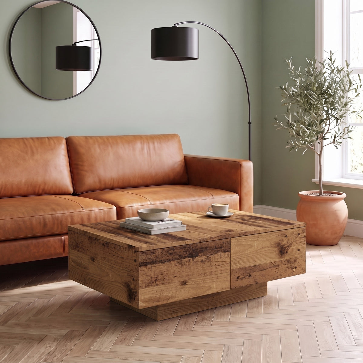 Table avec rangement Alcova, vieux bois – en situation dans un salon #Couleur_Vieux bois