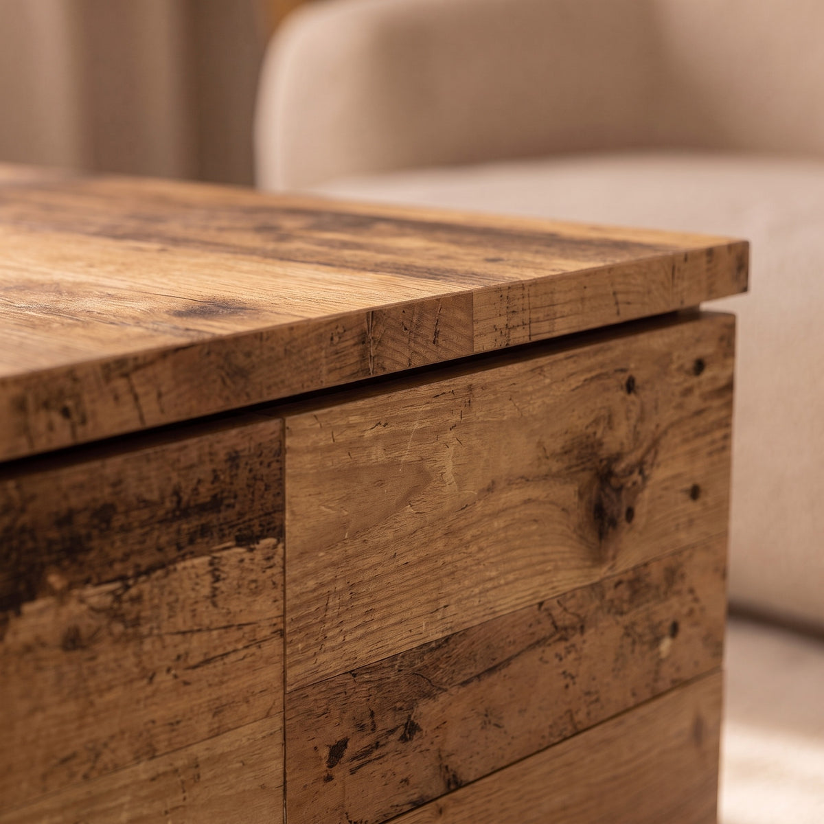 Table avec rangement Alcova, vieux bois – détail de la matière #Couleur_Vieux bois