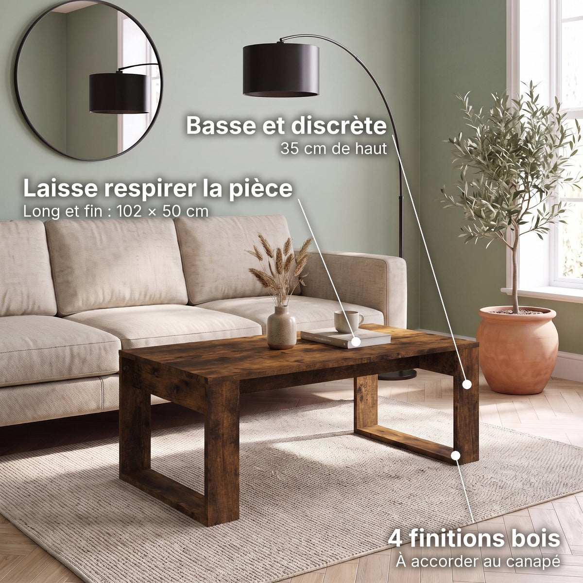Table basse rectangulaire décor bois 102 cm Arlon chêne fumé : laisse respirer la pièce (Long et fin : 102 × 50 cm), basse et discrète (35 cm de haut), 4 finitions bois (À accorder au canapé) #Couleur_Chêne fumé
