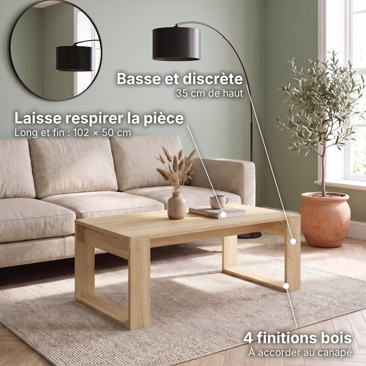 Table basse rectangulaire décor bois 102 cm Arlon chêne sonoma : laisse respirer la pièce (Long et fin : 102 × 50 cm), basse et discrète (35 cm de haut), 4 finitions bois (À accorder au canapé) #Couleur_Chêne sonoma