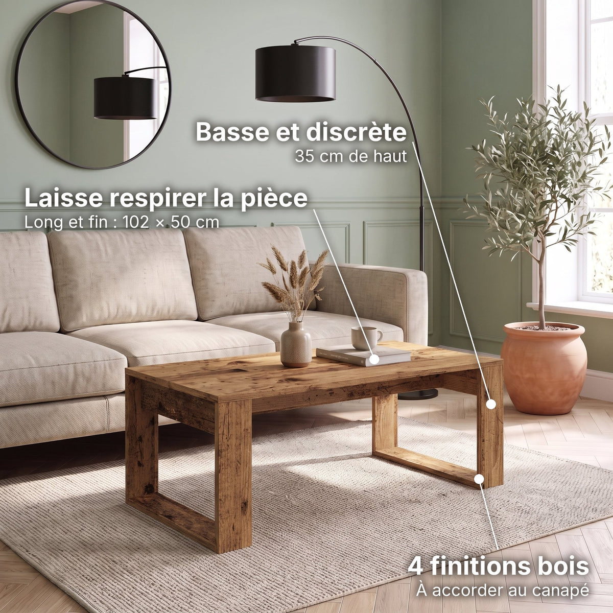Table basse rectangulaire décor bois 102 cm Arlon vieux bois : laisse respirer la pièce (Long et fin : 102 × 50 cm), basse et discrète (35 cm de haut), 4 finitions bois (À accorder au canapé) #Couleur_Vieux bois