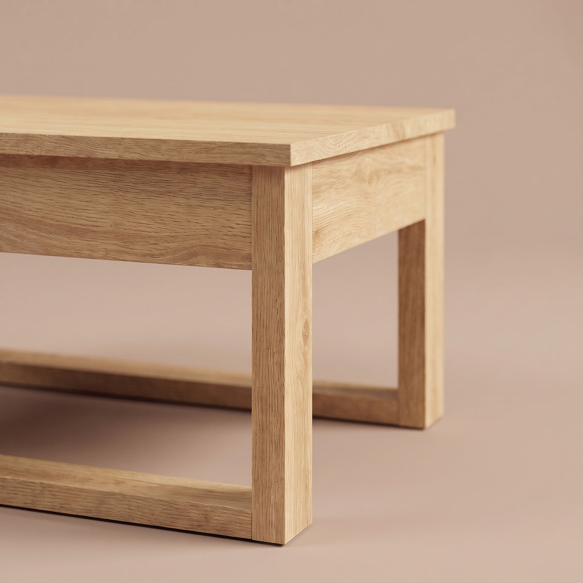 Table basse en bois Arlon, chêne sonoma, zoom ceinture et pied #Couleur_Chêne sonoma