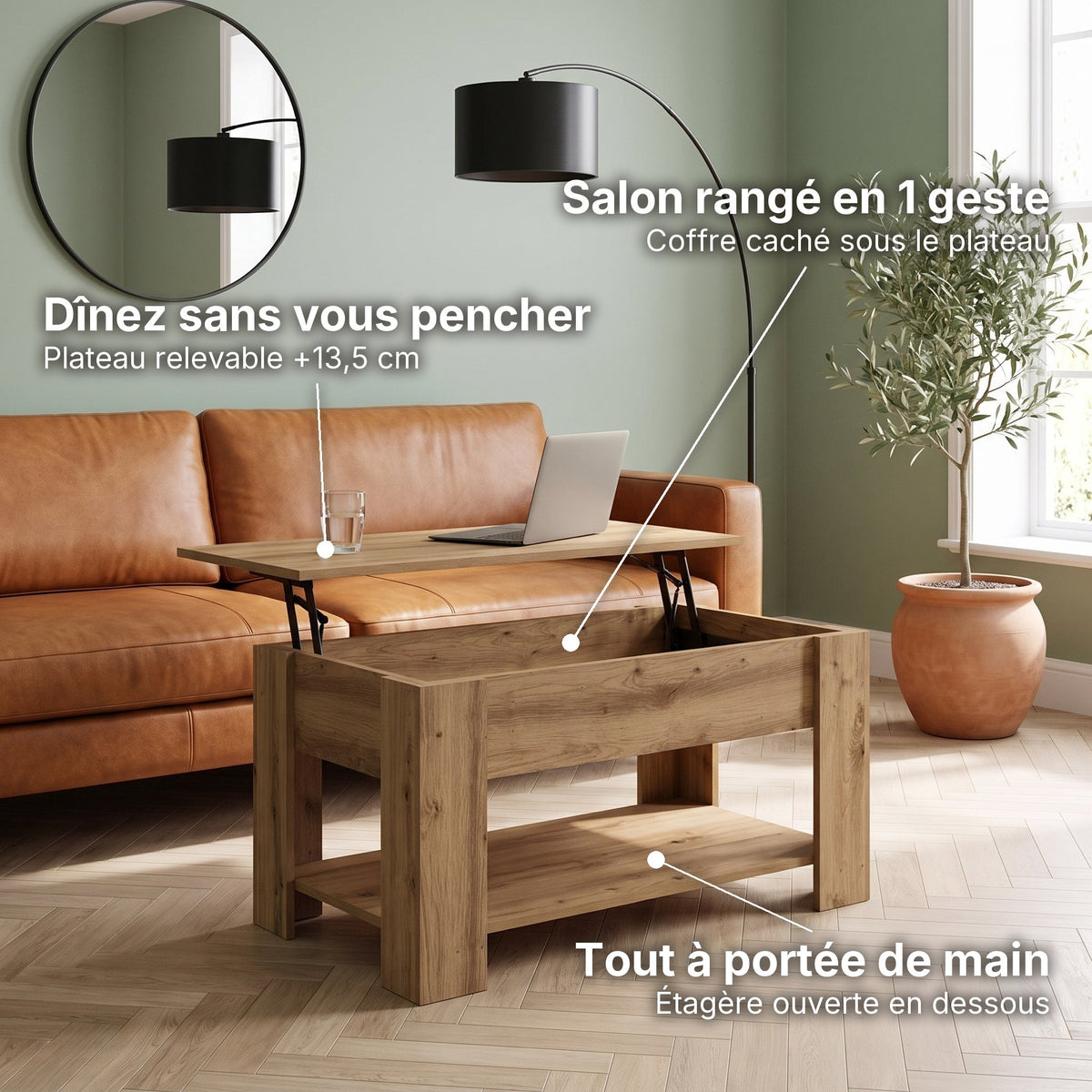Table basse relevable Aveline chêne artisanal 101 cm : plateau relevable +13,5 cm, coffre caché, étagère ouverte #Dimensions_101 × 49 × 52 cm #Couleur_Chêne artisanal