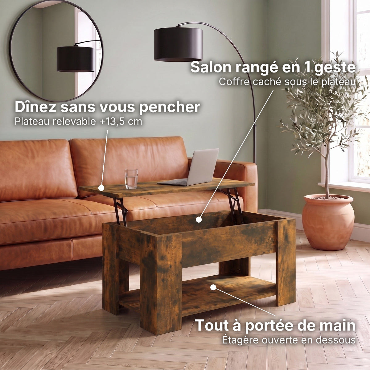 Table basse relevable Aveline chêne fumé 79 cm : plateau relevable +13,5 cm, coffre caché, étagère ouverte #Dimensions_79 × 49 × 41 cm #Couleur_Chêne fumé