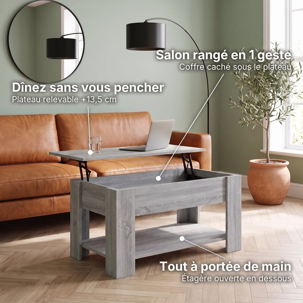 Table basse relevable Aveline Sonoma gris 101 cm : plateau relevable +13,5 cm, coffre caché, étagère ouverte #Dimensions_101 × 49 × 52 cm #Couleur_Sonoma gris