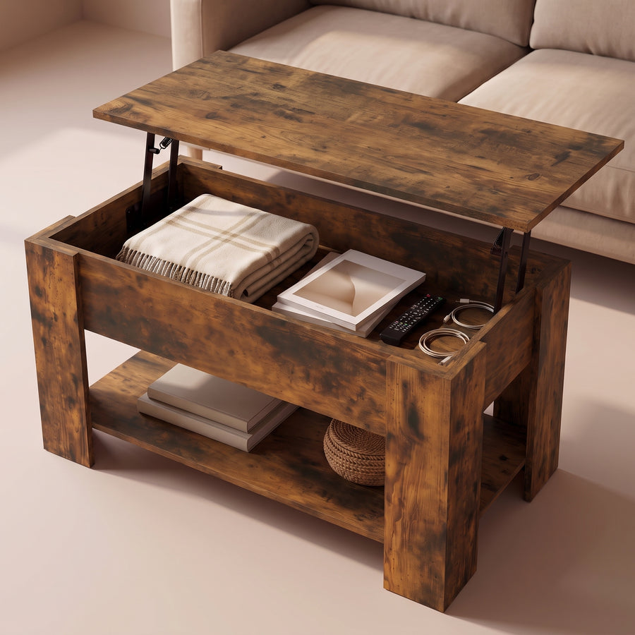 Table basse relevable Aveline chêne fumé, grand rangement ouvert sous le plateau