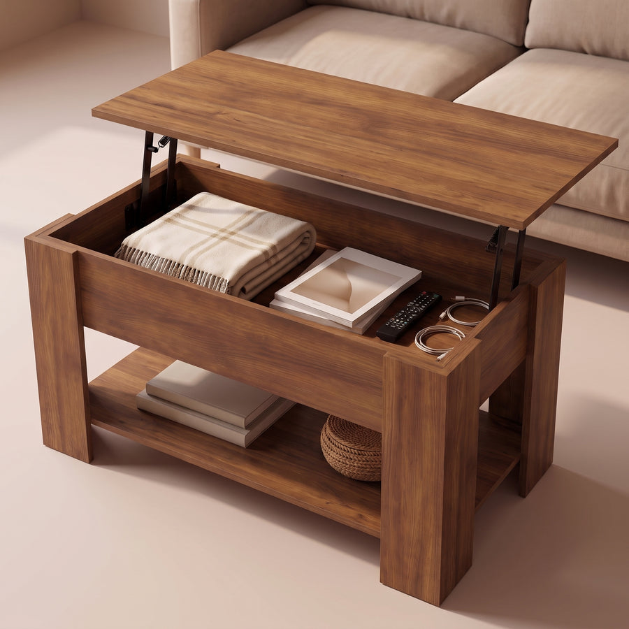 Table basse relevable Aveline chêne marron, grand rangement ouvert sous le plateau