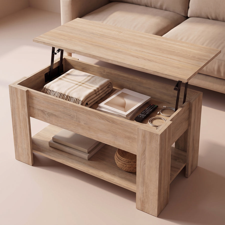 Table basse relevable Aveline chêne sonoma, grand rangement ouvert sous le plateau