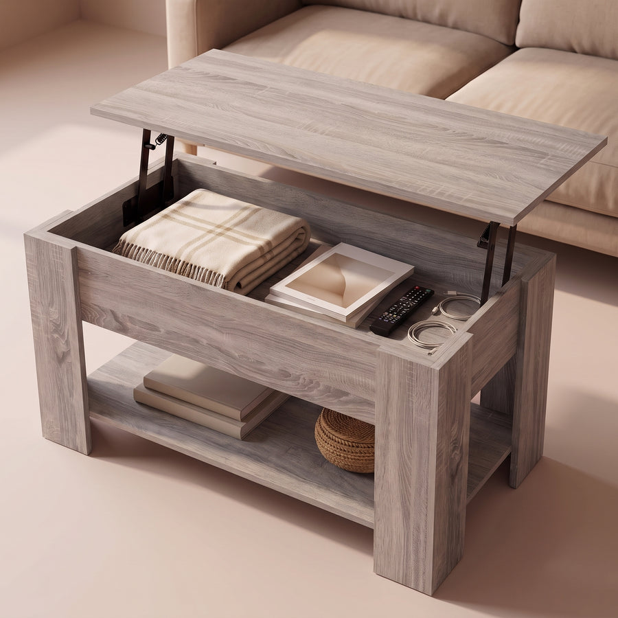 Table basse relevable Aveline sonoma gris, grand rangement ouvert sous le plateau