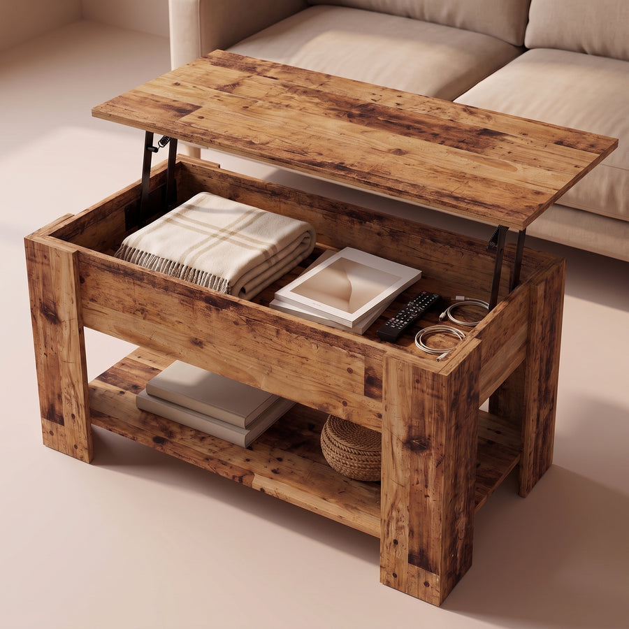 Table basse relevable Aveline vieux bois, grand rangement ouvert sous le plateau