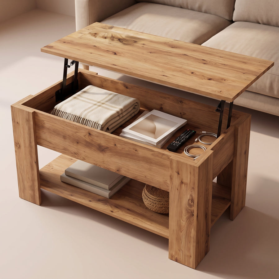 Table basse relevable Aveline chêne artisanal, grand rangement ouvert sous le plateau