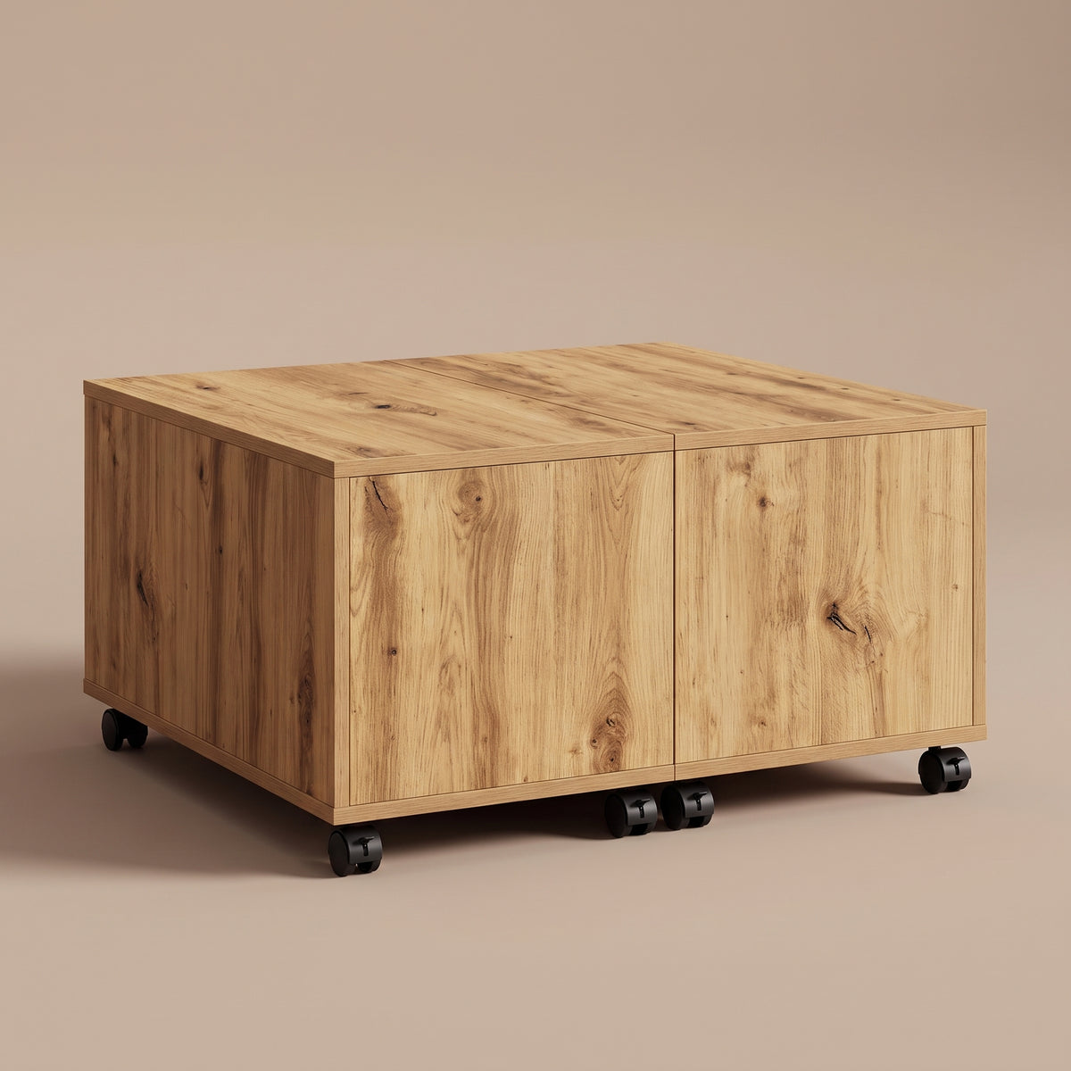 Table sur roulettes Bruma, chêne artisanal, fermée, vue 3/4 #Couleur_Chêne artisanal
