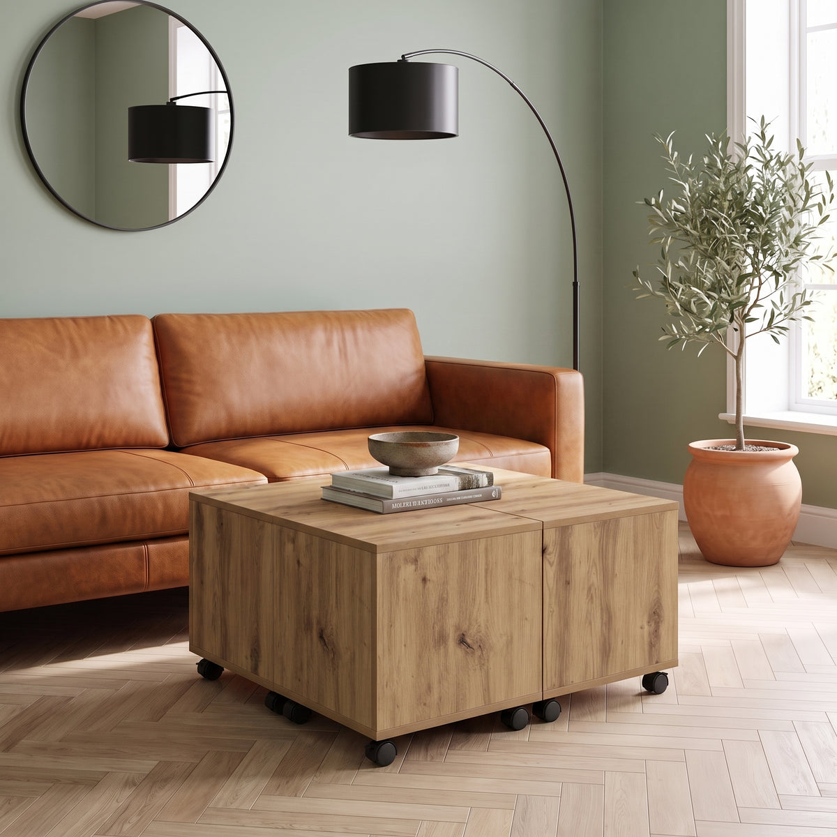 Table sur roulettes Bruma, chêne artisanal, dans un salon en journée #Couleur_Chêne artisanal