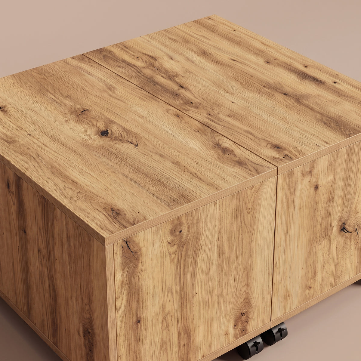 Table sur roulettes Bruma, chêne artisanal, zoom plateau et joint central #Couleur_Chêne artisanal