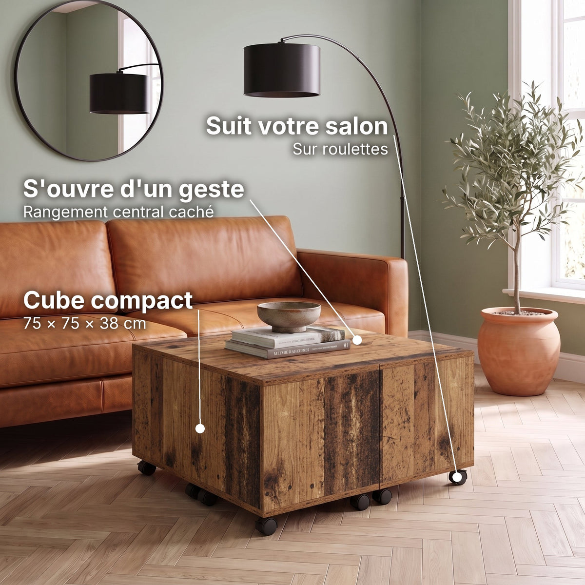 Table basse carrée à roulettes avec rangement Bruma bois ancien : s'ouvre d'un geste (Rangement central caché), suit votre salon (Sur roulettes), cube compact (75 × 75 × 38 cm) #Couleur_Bois ancien