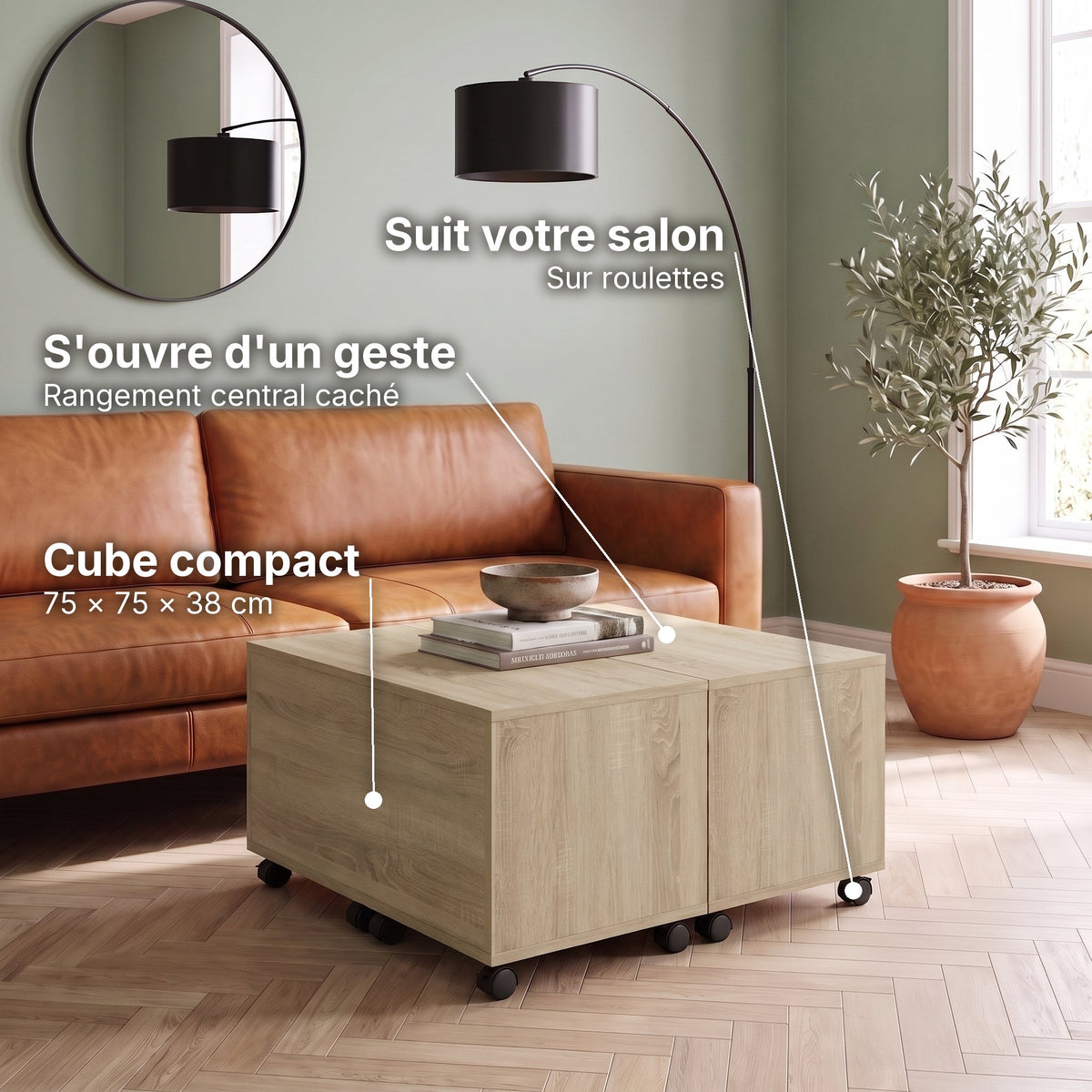 Table basse carrée à roulettes avec rangement Bruma chêne sonoma : s'ouvre d'un geste (Rangement central caché), suit votre salon (Sur roulettes), cube compact (75 × 75 × 38 cm) #Couleur_Chêne sonoma