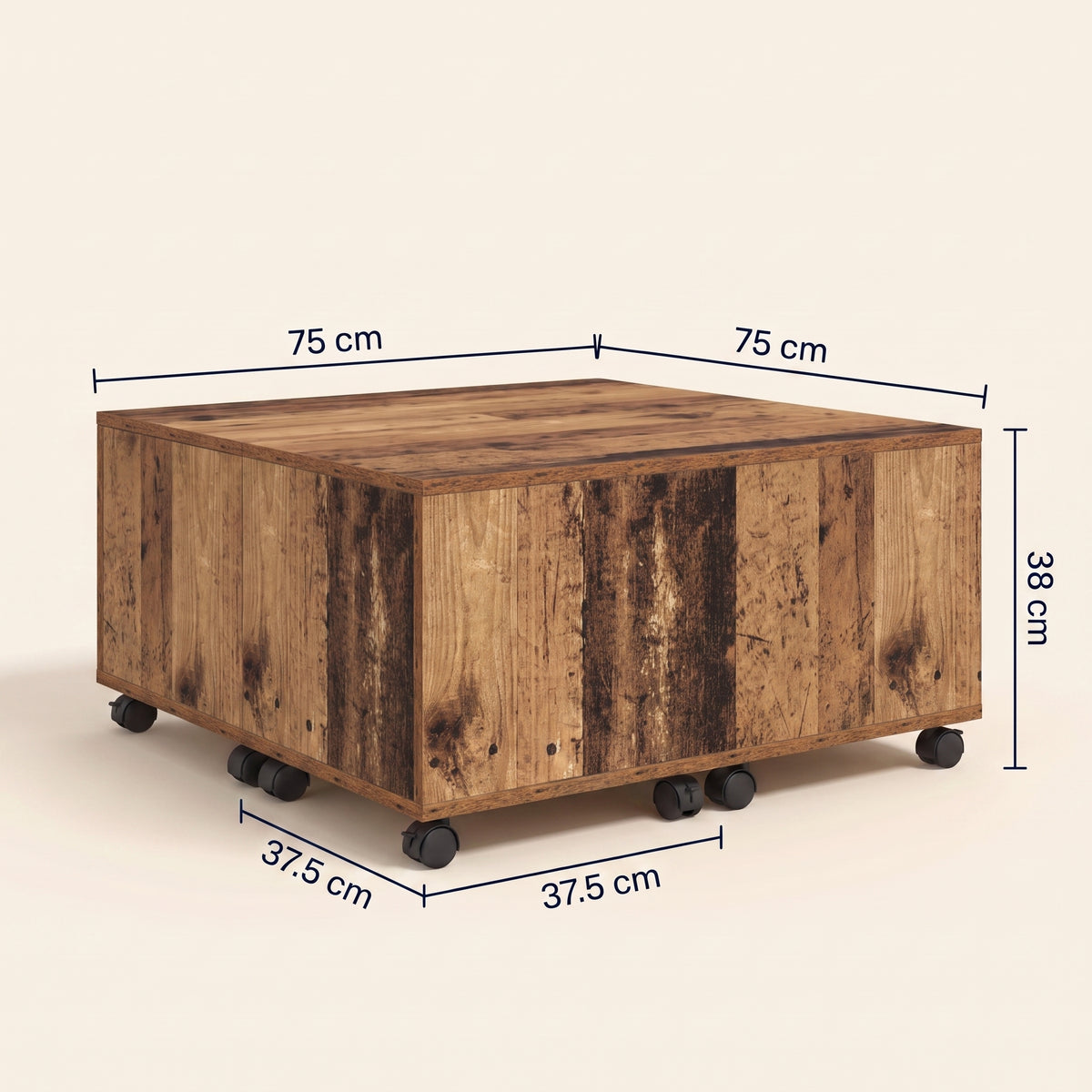 Table sur roulettes Bruma, bois ancien, dimensions 75 × 75 × 38 cm #Couleur_Bois ancien