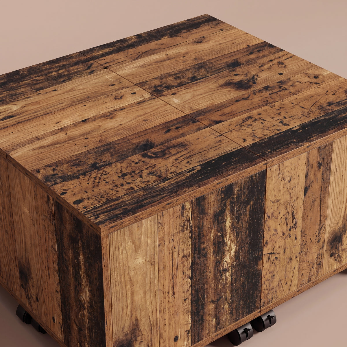 Table sur roulettes Bruma, bois ancien, zoom plateau et joint central #Couleur_Bois ancien
