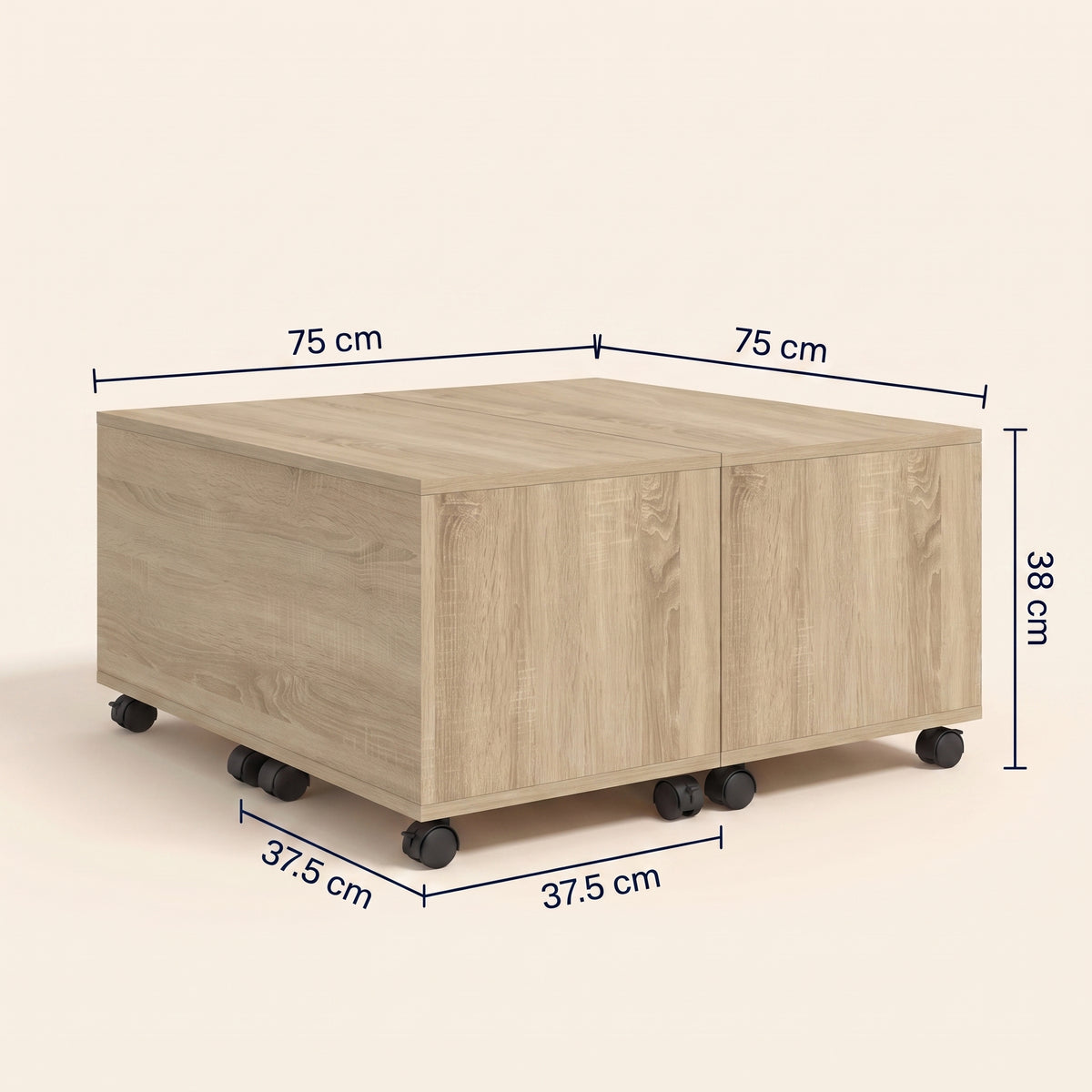 Table sur roulettes Bruma, chêne sonoma, dimensions 75 × 75 × 38 cm #Couleur_Chêne sonoma