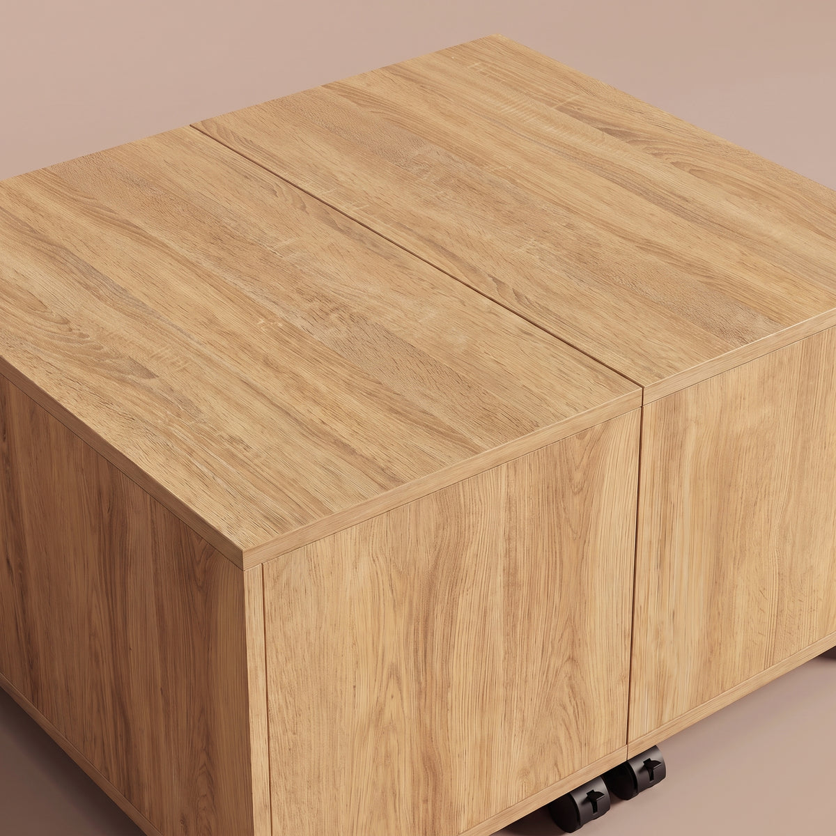 Table sur roulettes Bruma, chêne sonoma, zoom plateau et joint central #Couleur_Chêne sonoma
