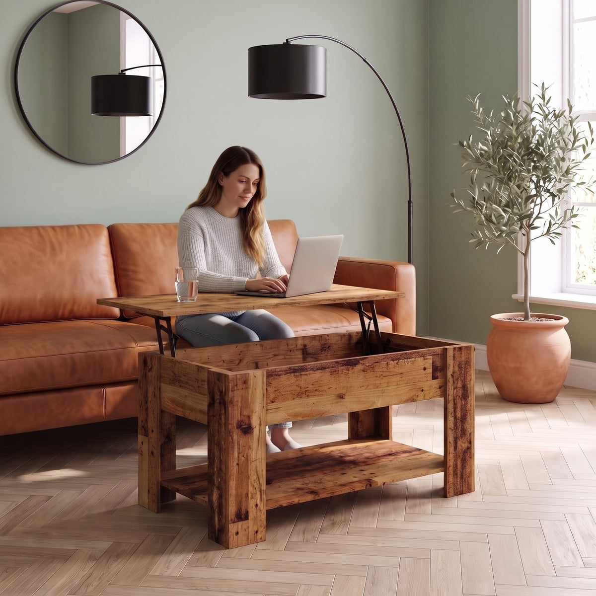 Aveline vieux bois 101 cm au quotidien : télétravail depuis le canapé, ordinateur sur le plateau relevé #Dimensions_101 × 49 × 52 cm #Couleur_Vieux bois