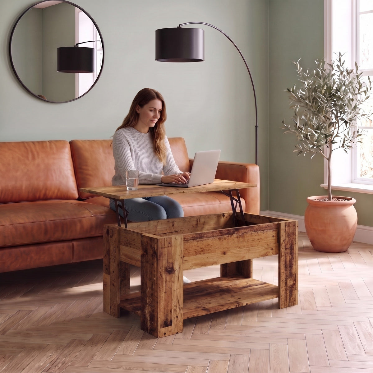 Aveline vieux bois 79 cm au quotidien : télétravail depuis le canapé, ordinateur sur le plateau relevé #Dimensions_79 × 49 × 41 cm #Couleur_Vieux bois