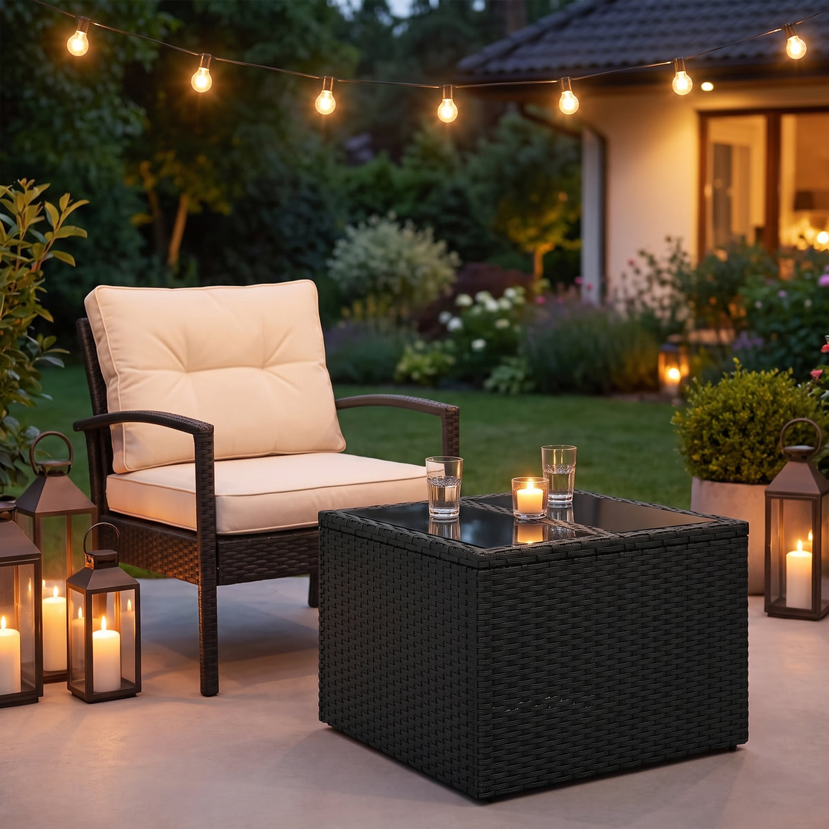 Table résine tressée Cabana, verre, noir, ambiance soirée #Matériau_Verre #Couleur_Noir
