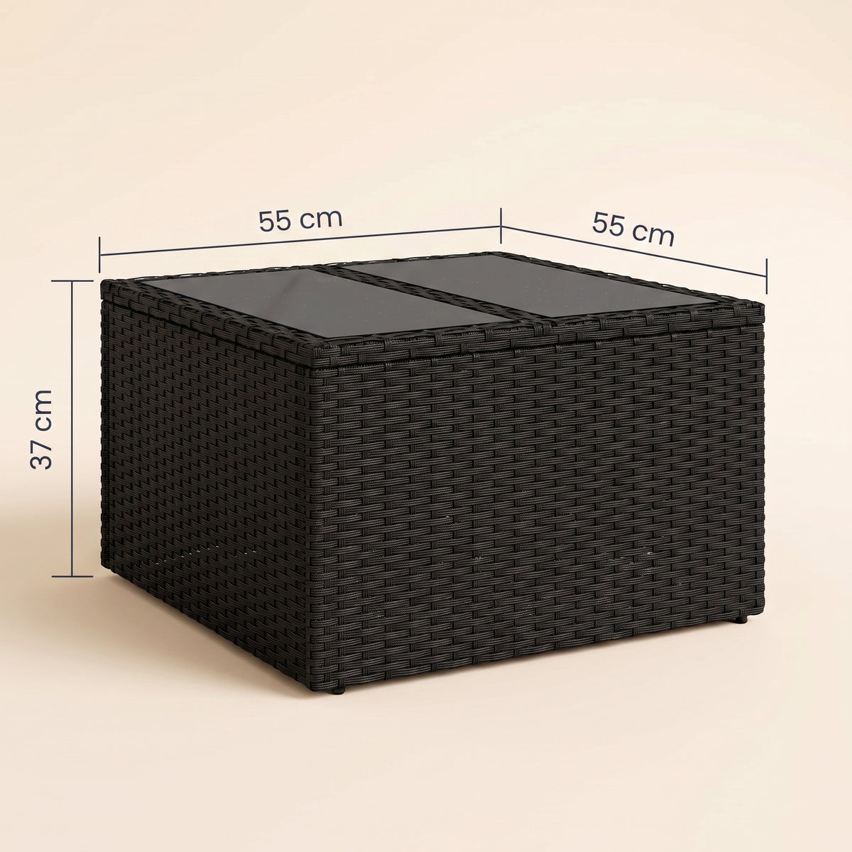 Table résine tressée Cabana, verre, noir, dimensions 55 × 55 × 37 cm #Matériau_Verre #Couleur_Noir