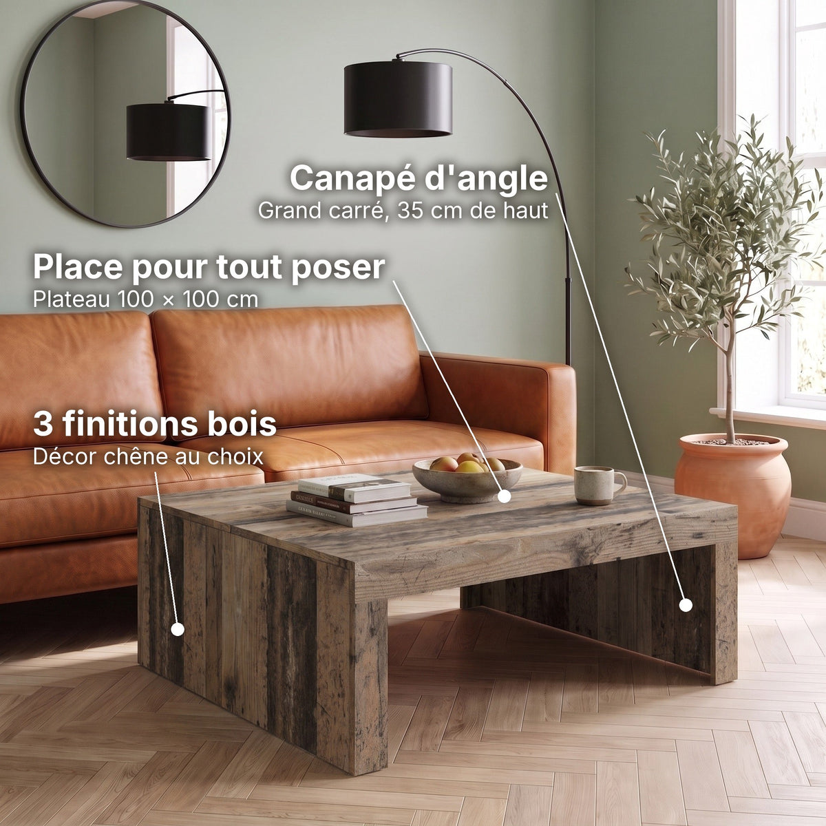 Table basse carrée décor bois 100x100 Carmo bois ancien : place pour tout poser (Plateau 100 × 100 cm), canapé d'angle (Grand carré, 35 cm de haut), 3 finitions bois (Décor chêne au choix) #Couleur_Bois ancien