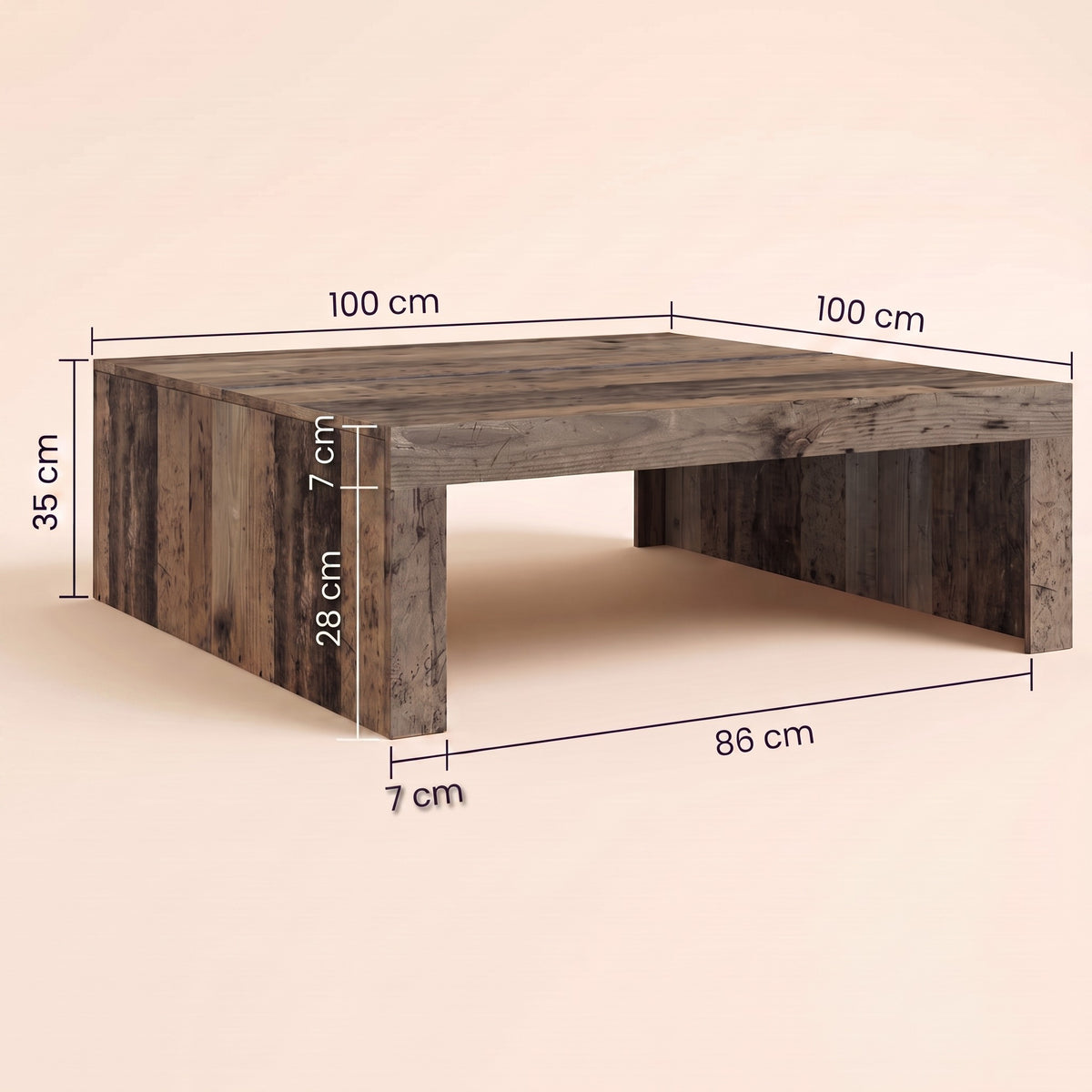 Table basse en bois Carmo, bois ancien – dimensions 100 × 100 × 35 cm #Couleur_Bois ancien