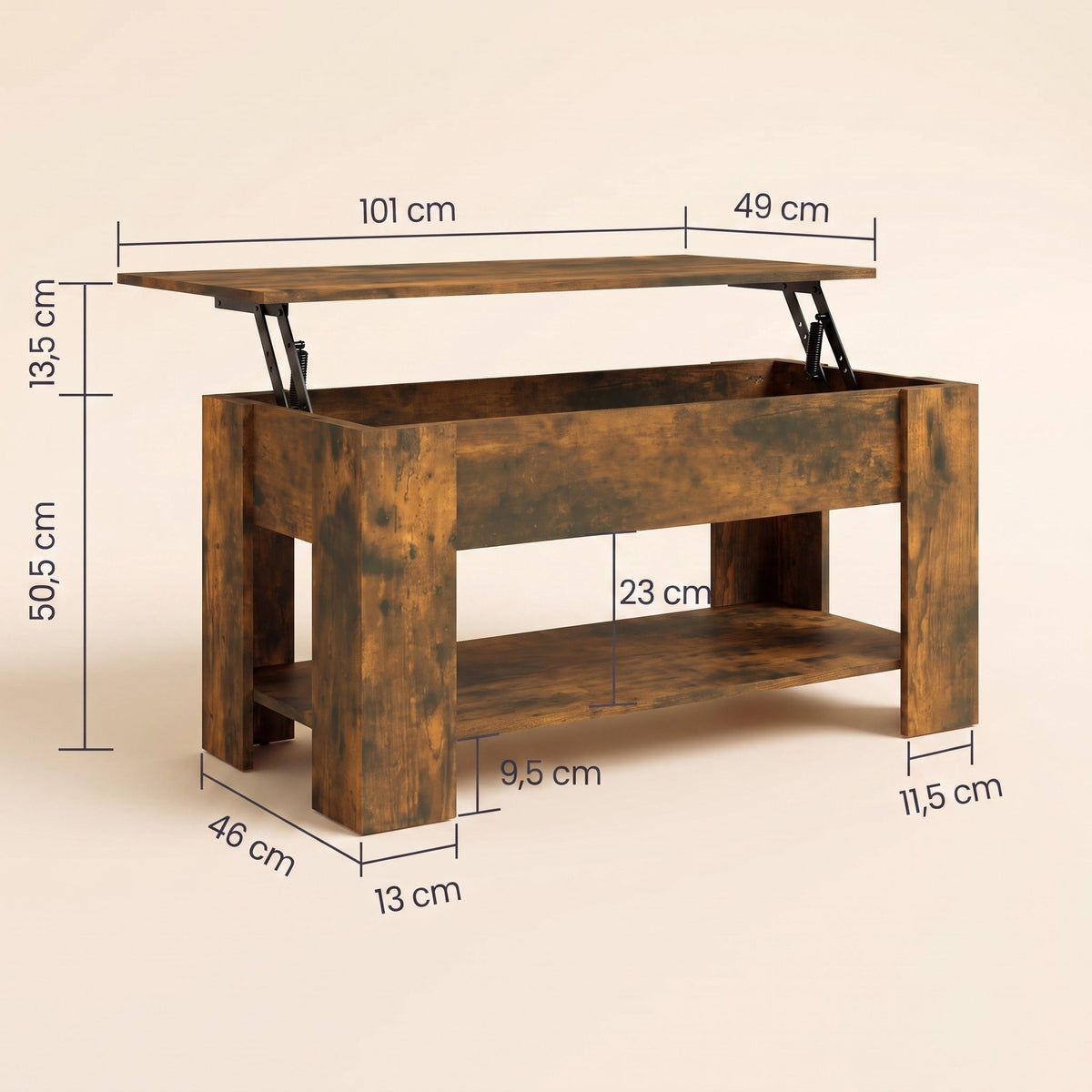 Dimensions de la table Aveline 101 × 49 cm : hauteur 50,5 cm, plateau relevable + 13,5 cm #Dimensions_101 × 49 × 52 cm #Couleur_Chêne fumé