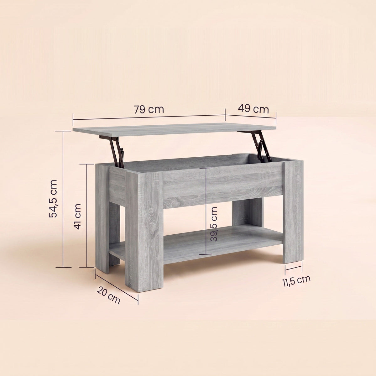 Dimensions de la table Aveline 79 × 49 cm : hauteur 41 cm, plateau relevé 54,5 cm #Dimensions_79 × 49 × 41 cm #Couleur_Sonoma gris