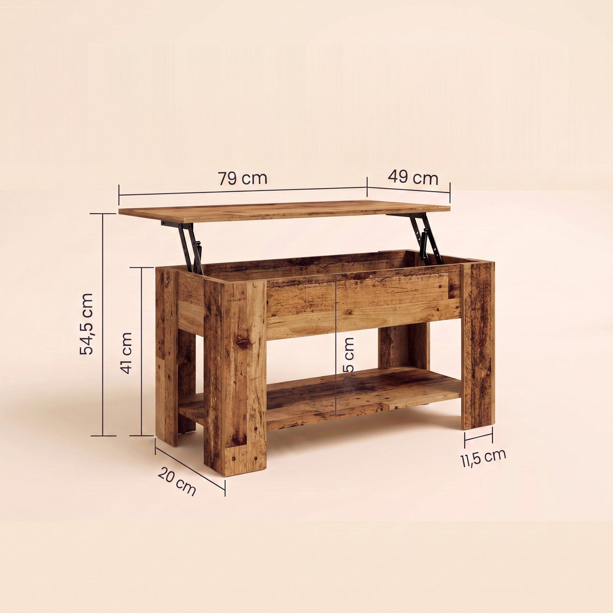Dimensions de la table Aveline 79 × 49 cm : hauteur 41 cm, plateau relevé 54,5 cm #Dimensions_79 × 49 × 41 cm #Couleur_Vieux bois