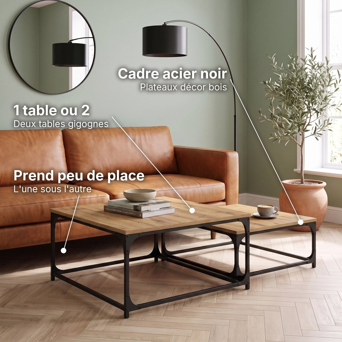 Tables basses gigognes carrées décor bois Duetta chêne artisanal : 1 table ou 2 (Deux tables gigognes), cadre acier noir (Plateaux décor bois), prend peu de place (L'une sous l'autre) #Couleur_Chêne artisanal