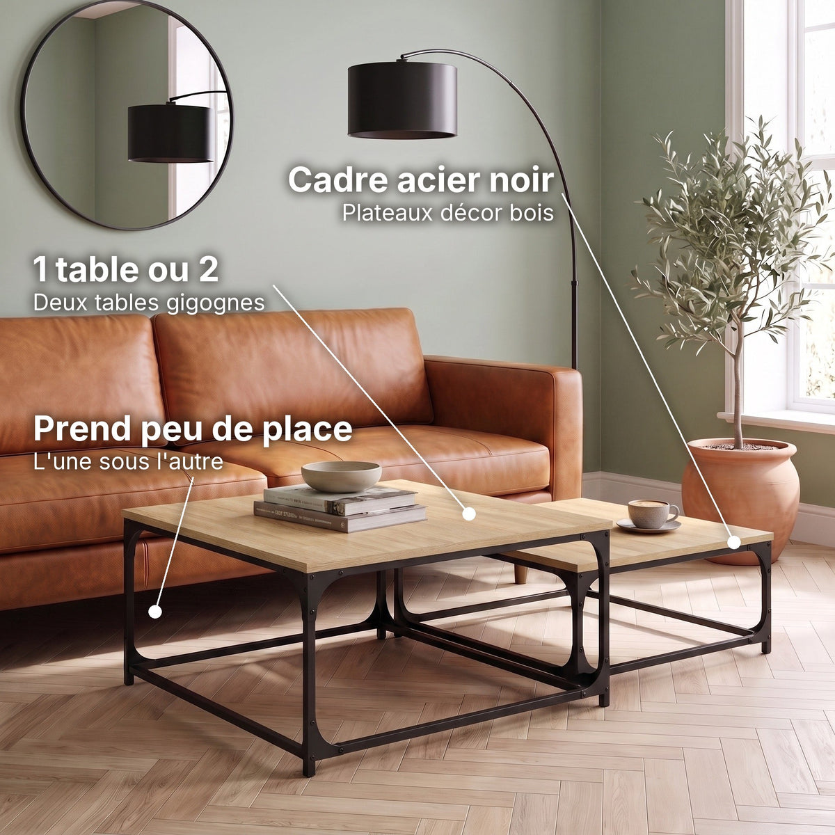 Tables basses gigognes carrées décor bois Duetta chêne sonoma : 1 table ou 2 (Deux tables gigognes), cadre acier noir (Plateaux décor bois), prend peu de place (L'une sous l'autre) #Couleur_Chêne sonoma