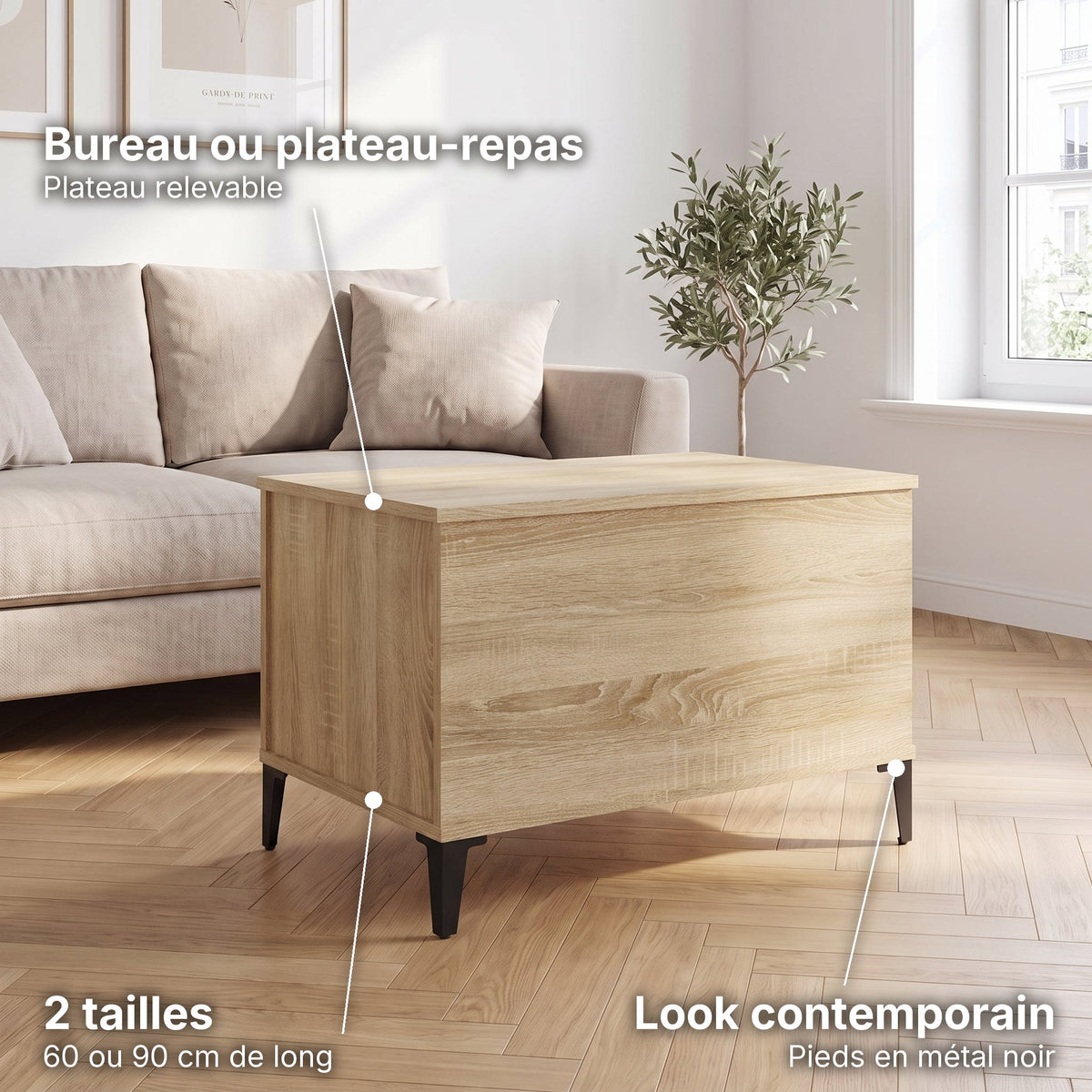 Petite table basse relevable pieds métal Elva 60 × 44,5 × 45 cm , chêne sonoma : bureau ou plateau-repas (Plateau relevable), look contemporain (Pieds en métal noir), 2 tailles (60 ou 90 cm de long) #Dimensions_60 × 44,5 × 45 cm #Couleur_Chêne sonoma