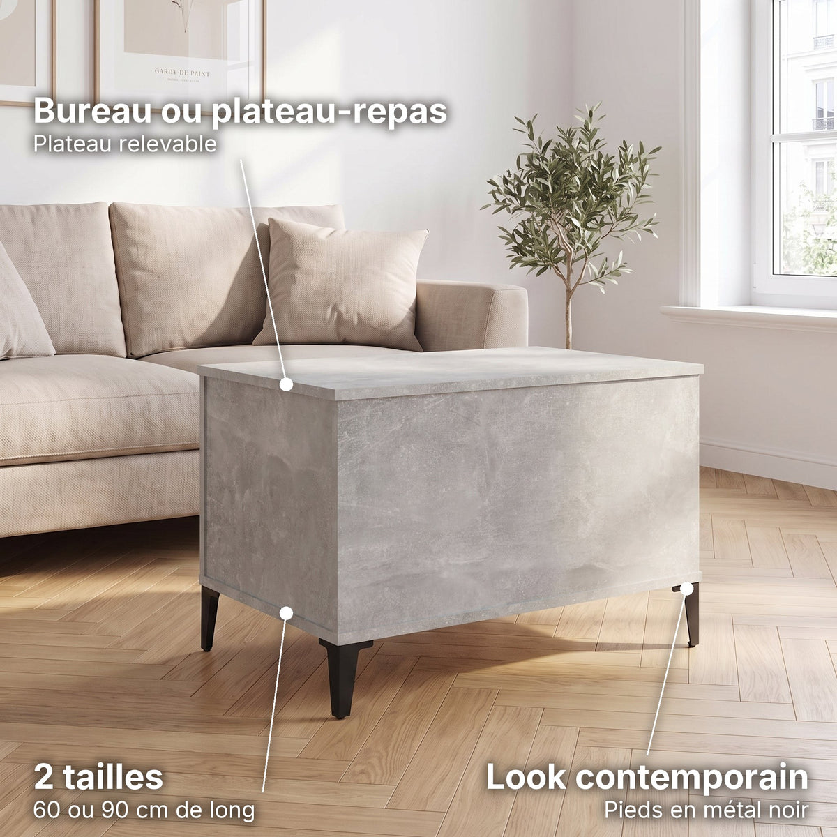 Petite table basse relevable pieds métal Elva 60 × 44,5 × 45 cm , gris béton : bureau ou plateau-repas (Plateau relevable), look contemporain (Pieds en métal noir), 2 tailles (60 ou 90 cm de long) #Dimensions_60 × 44,5 × 45 cm #Couleur_Gris béton