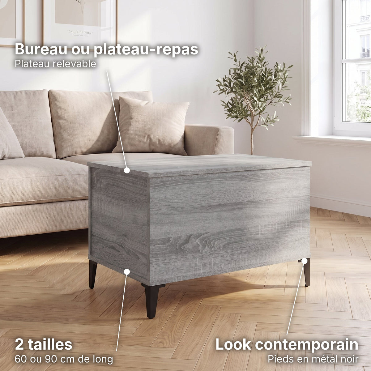 Petite table basse relevable pieds métal Elva 60 × 44,5 × 45 cm , sonoma gris : bureau ou plateau-repas (Plateau relevable), look contemporain (Pieds en métal noir), 2 tailles (60 ou 90 cm de long) #Dimensions_60 × 44,5 × 45 cm #Couleur_Sonoma gris