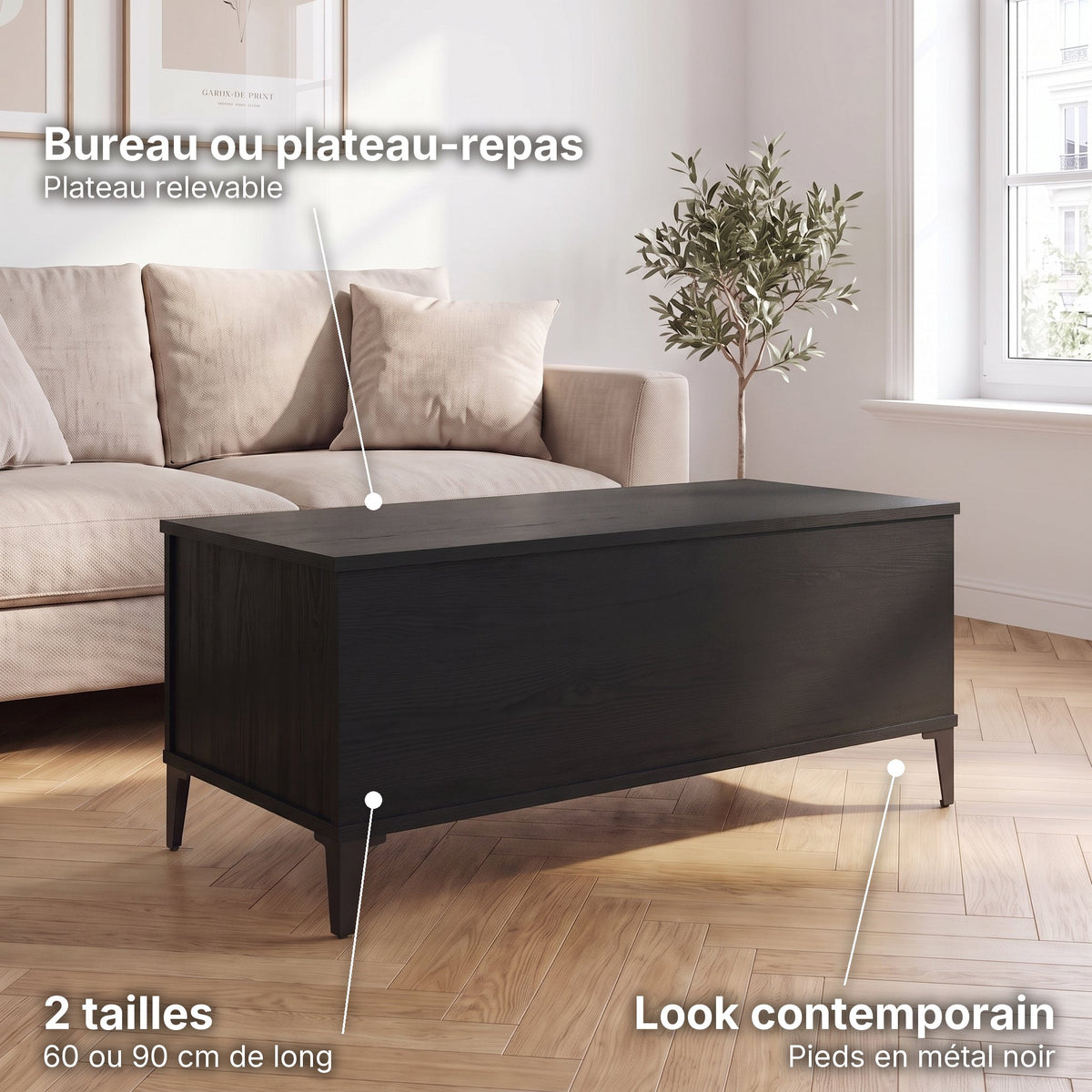 Petite table basse relevable pieds métal Elva 90 × 44,5 × 45 cm , noir : bureau ou plateau-repas (Plateau relevable), look contemporain (Pieds en métal noir), 2 tailles (60 ou 90 cm de long) #Dimensions_90 × 44,5 × 45 cm #Couleur_Noir