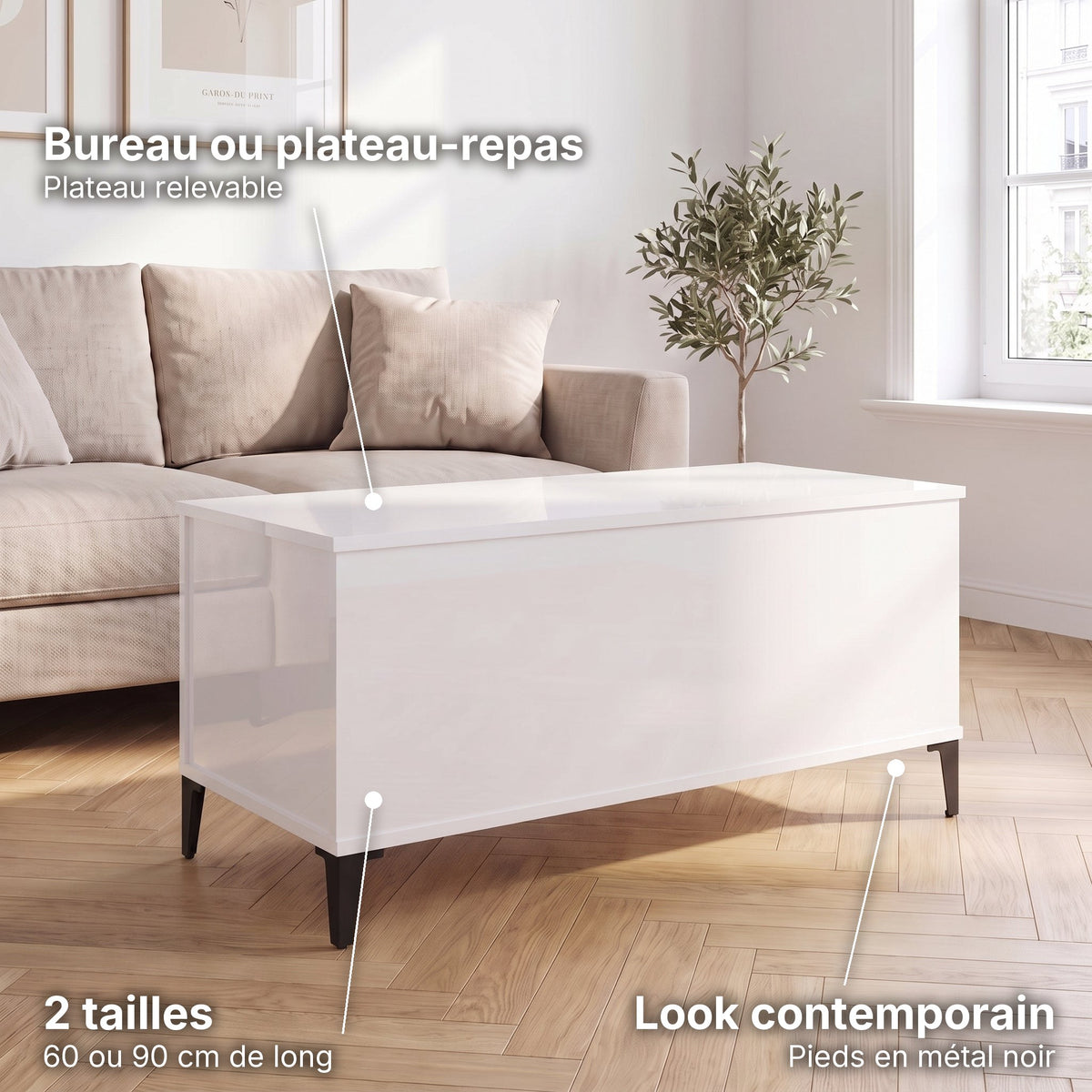 Petite table basse relevable pieds métal Elva 90 × 44,5 × 45 cm , blanc brillant : bureau ou plateau-repas (Plateau relevable), look contemporain (Pieds en métal noir), 2 tailles (60 ou 90 cm de long) #Dimensions_90 × 44,5 × 45 cm #Couleur_Blanc brillant